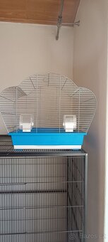 Velká ptačí klec, malá klec, bidýlka a zbytky krmiva - 2