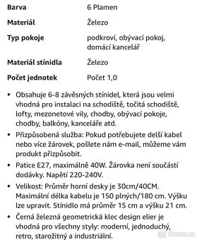 Industriální lustr černý mat kov 6 svítidel + žárovky - 2