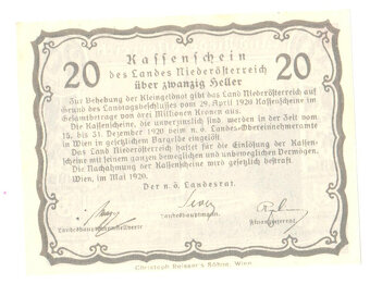Nouzová Bankovka 20 Heller Niederösterreich,1920 - 2
