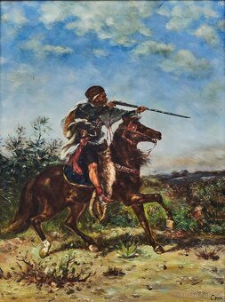 Olejomalba – jezdec s puškou, signováno Cram - 2