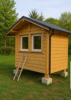 Mobilní dřevěný domek 2,5 × 2,5 m – pojízdný, nový - 2