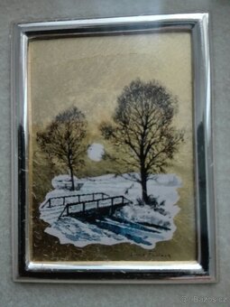 Umělecká litografie na zlaté fólii v dřevěném rámečku - 2