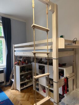 Dětská vyvýšená postel Domestav z masivu + schody, lanový že - 2