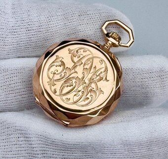18K CELO ZLATÉ KAPESNÍ HODINKY S MONOGRAMEM - FUNKČNÍ - 2