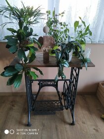 Litinový stolek s deskou z masivu s patinou. - 2