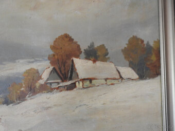 starožitný Obraz olej chalupa v zimě - 2