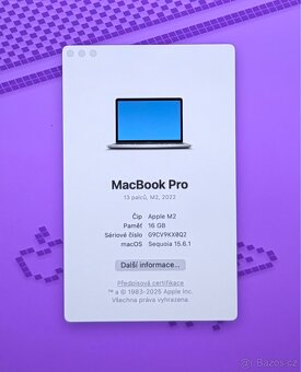 MacBook Pro M2 2022 /16GB RAM/512GB SSD/Záruka 91% BATERIE - 2