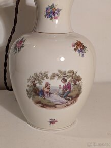 porcelánová stará malovaná lampička, látkové stínidlo - 2