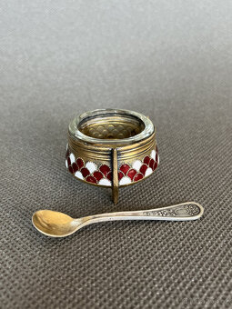 Smaltovaná melchiorová solnička a lžička, SSSR - 2