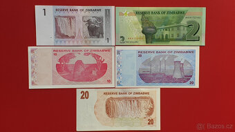 Sada 5 bankovek ZIMBABWE – 1, 2, 10 a 2 x 20 dolarů UNC - 2