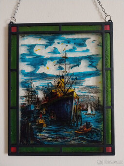 Starší skleněná vitráž do okna, sklo a kov - 2