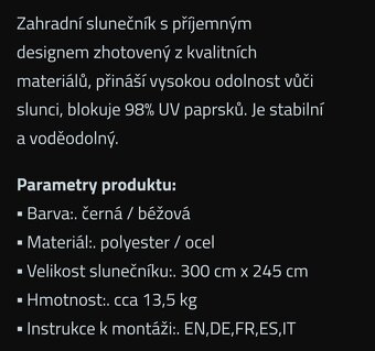 Nový slunečník s bočním ramenem 3 m - 2
