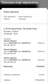 Prodám vstupenky na 1. a 2.SF HC Sparta Praha - HC Oceláři - 2