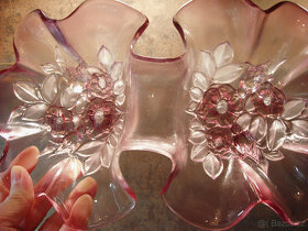 Skleněná starožitná růžová dvojmiska s květy - 2