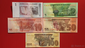 Sada 5 bankovek ZIMBABWE – 1, 2, 10, 50 a 100 dolarů UNC - 2