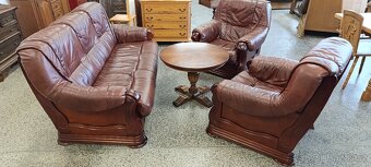 Rozkládací kožená sedací souprava, nábytek z masívu - 2