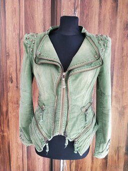 Khaki džínová bunda, motorkářský styl s cvočky - 2