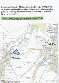 Pozemek 42883m2 2km od Čáslavi 80Kč/m2 - 2
