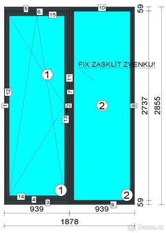 Okno hliník bezrámové RAL 7016 Antracit,1878 x 2855 trojsklo - 2