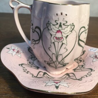 šálek růžový porcelán Chodov neobvyklý secesní dekor - 2