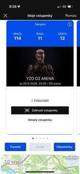 YZO O2 Arena 26.9. – sektor 114, řada 11 (sezení) - 2