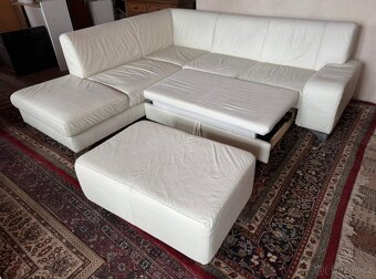 Bílá kožená rohová sedačka s taburetem,5979 - 2