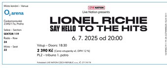 LIONEL RICHIE, Praha 6.7., 2 vstupenky+parkovné - 2