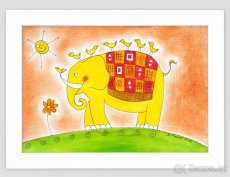 Veselý obrázek pro děti, Slůně s ptáčky, reprodukce dětská - 2