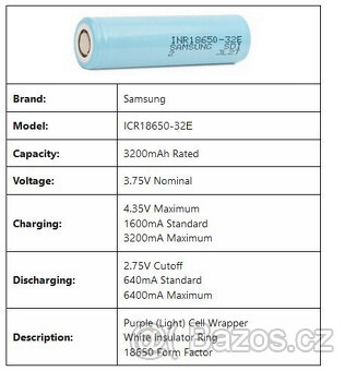 Akumulátory li-ion Samsung ICR18650 3200mAh (6.4A) - 2