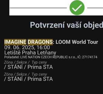 Imagine Dragons 9.6. 2x STÁNÍ, originál Hologram - 2