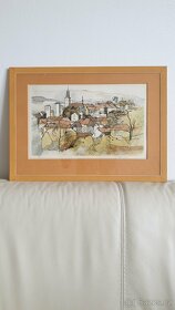 Obraz neznámé české město, tuš a pastel - 2