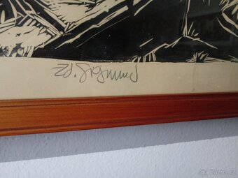 Originál linorit Zdeněk Sigmund "Náves", signováno - 2