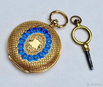 18K CELO ZLATÉ KAPESNÍ HODINKY - KLÍČOVKY SE SMALTEM - FUNKČ - 2