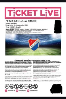 Predám lístky Baník Ostrava - Légia Varšava - 2
