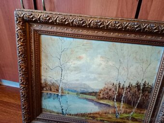 Pěkný starý obraz- olej- na kartonu -březový háj - 2