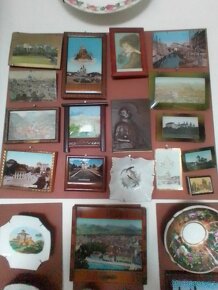 Starož. pohlednice s perletí + staré porcelánové popelníky. - 2