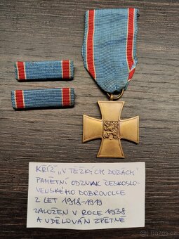 Kříž "V těžkých dobách", ČSR 1938 + 2 stužkovnice - 2