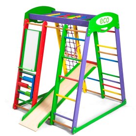 Dětské domácí dřevěné hřiště a prolézačka, šplhací sítě - 2