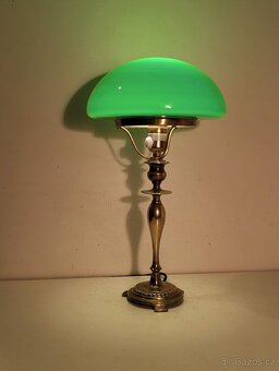 mosazná lampička, lampa, zelené stínidlo, bankéřka - 2