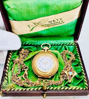 VZÁCNÉ 14K ZLATÉ KAPESNÍ HODINKY REMONTOIR S ŘETÍZKEM V ETUI - 2