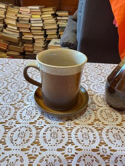 Vintage hnědá keramická sada na kávu či čaj a váza - 2