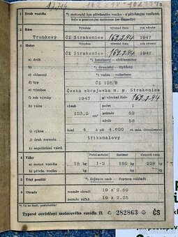 TP, SPZ, štítek ČZ 125B - doklady - 2