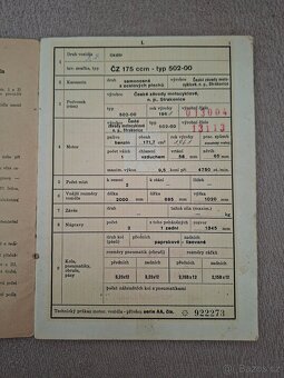 Technický průkaz skútr ČZ 175/502 - 2