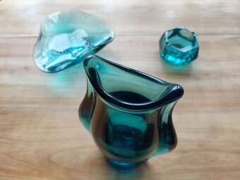 Luxusní skleněná antik váza + mísa + popelník zelené sklo - 2