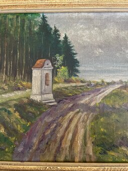 Starý obraz-olej na plátně"KAPLIČKA U LESA" - 2