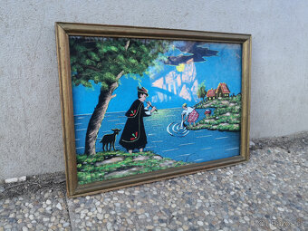 Starožitný obraz maľba na textile zarámovaný zo sklom 25,9x - 2