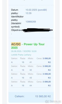 ACDC Praha 26.6.2025 Listky na sedenie sektor A/ r16 - 2