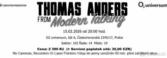 2x lístky na Thomas Anders from Modern Talking - 15.2 v O2 U - 2