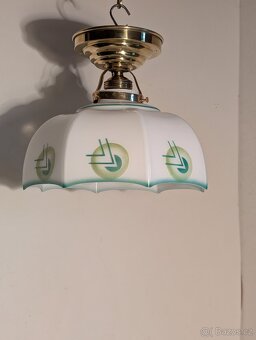 Art Deco mosazný lustr, dobové pěkné stínidlo - 2