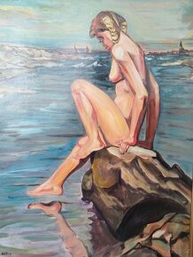 obraz - DÍVKA S COPÁNKY, akt, olej, sign. neurčena - 2